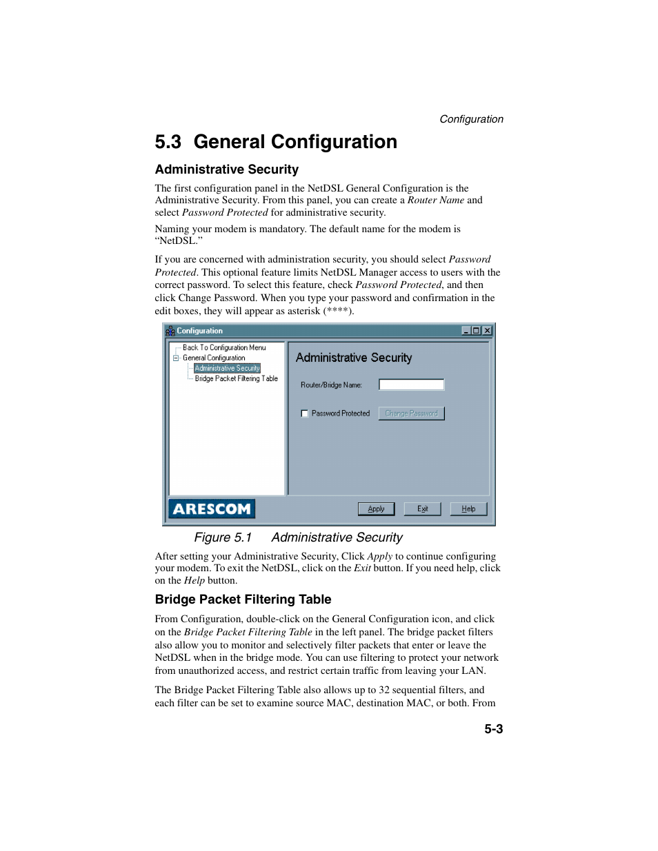 Heading2 - 5.3 general configuration, 1figure - figure 5.1 administrative security, General configuration -3 | 3 general configuration | ADS Technologies NetDSL 800 ADSL Modem version 5.2b1 User Manual | Page 33 / 63