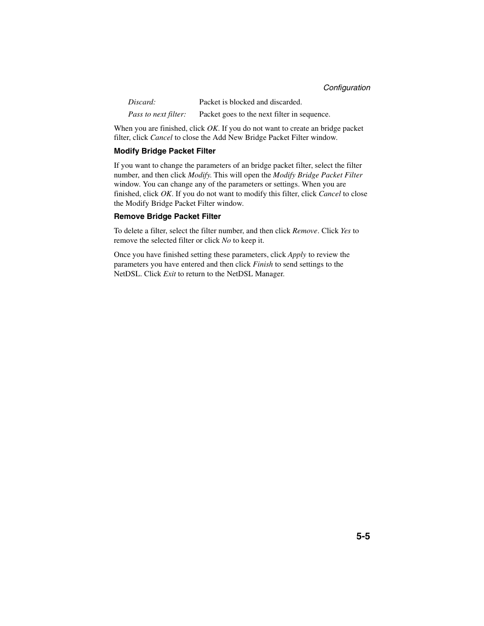 Modify bridge packet filter, Remove bridge packet filter | ADS Technologies NetDSL 800 ADSL Modem version 5.2b1 User Manual | Page 35 / 63
