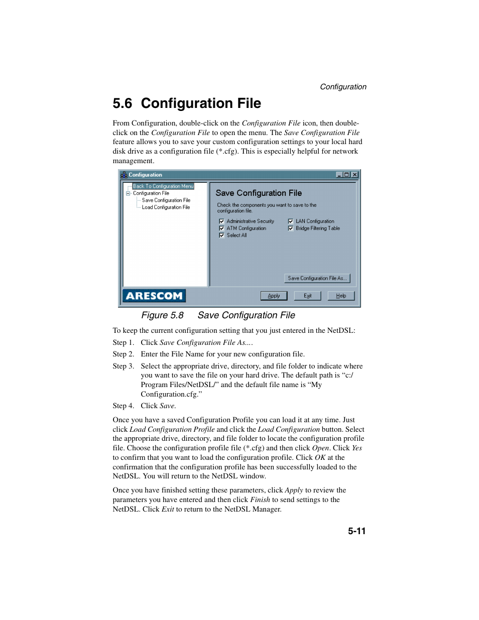 Heading2 - 5.6 configuration file, Figure - figure 5.8 save configuration file, 1step - step 1. click save configuration file as | Step - step 4. click save, Configuration file -11, 6 configuration file | ADS Technologies NetDSL 800 ADSL Modem version 5.2b1 User Manual | Page 41 / 63