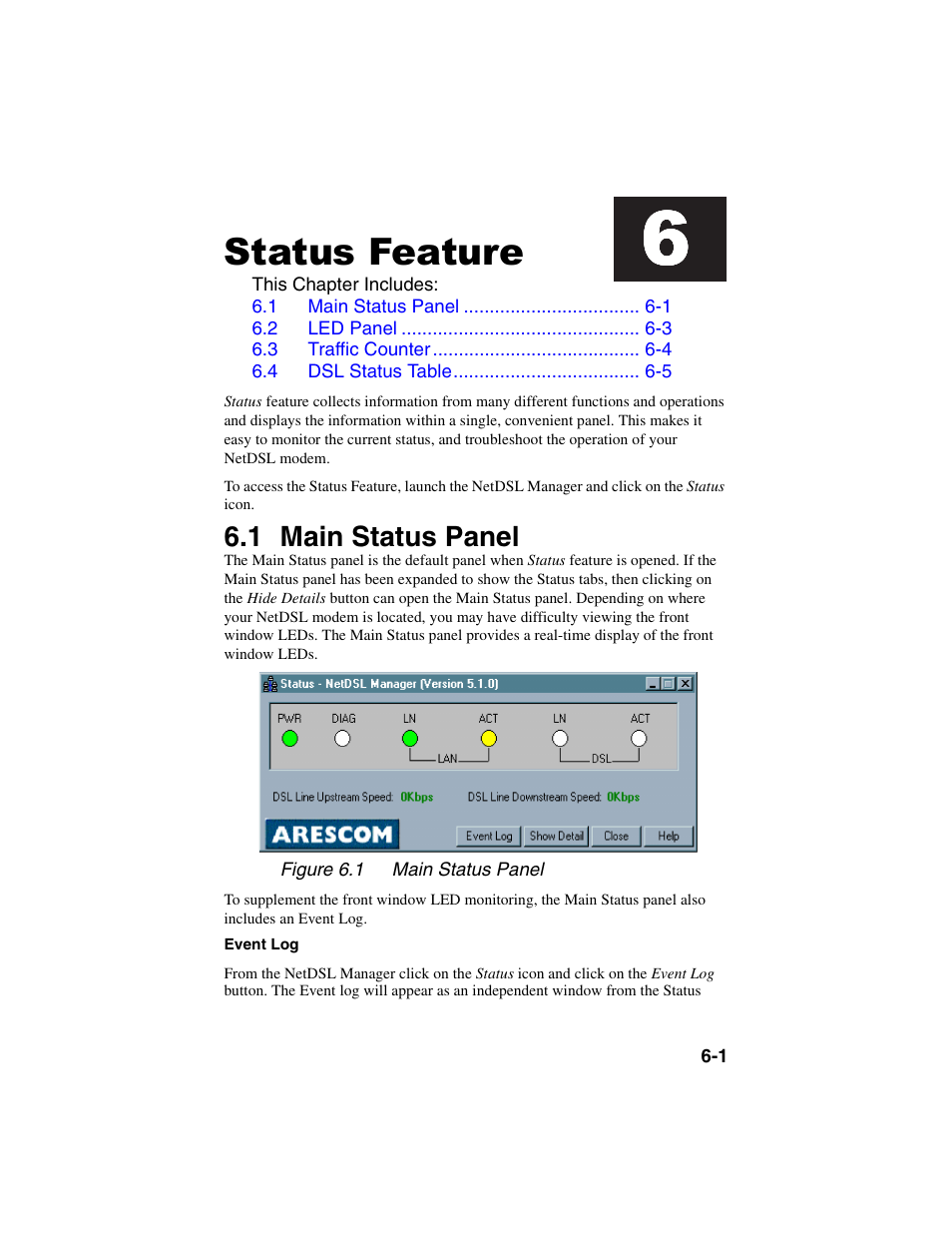 Heading1 - status feature, Heading2 - 6.1 main status panel, 1figure - figure 6.1 main status panel | Status feature, Main status panel -1, 1 main status panel | ADS Technologies NetDSL 800 ADSL Modem version 5.2b1 User Manual | Page 43 / 63