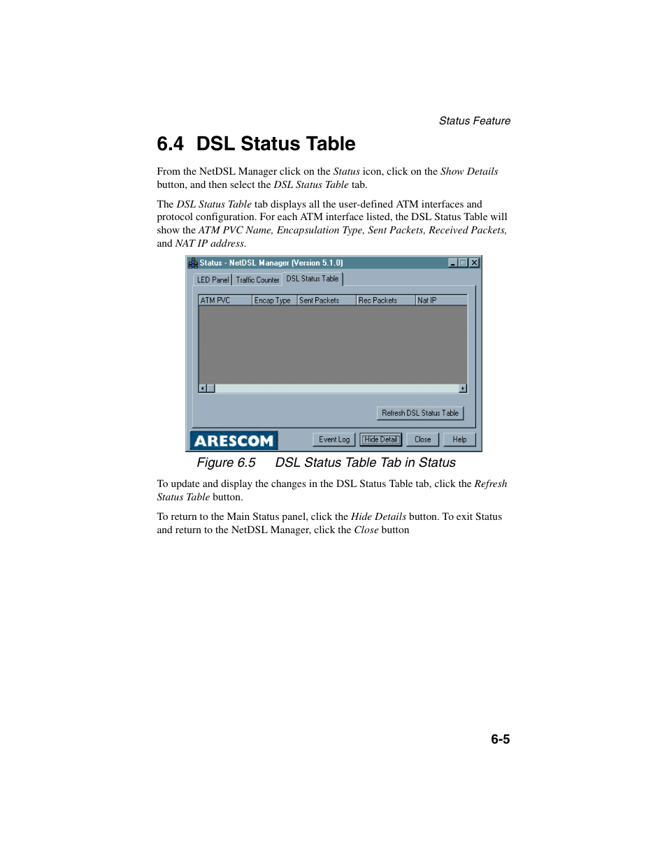 Heading2 - 6.4 dsl status table, Figure - figure 6.5 dsl status table tab in status, Dsl status table -5 | 4 dsl status table | ADS Technologies NetDSL 800 ADSL Modem version 5.2b1 User Manual | Page 47 / 63