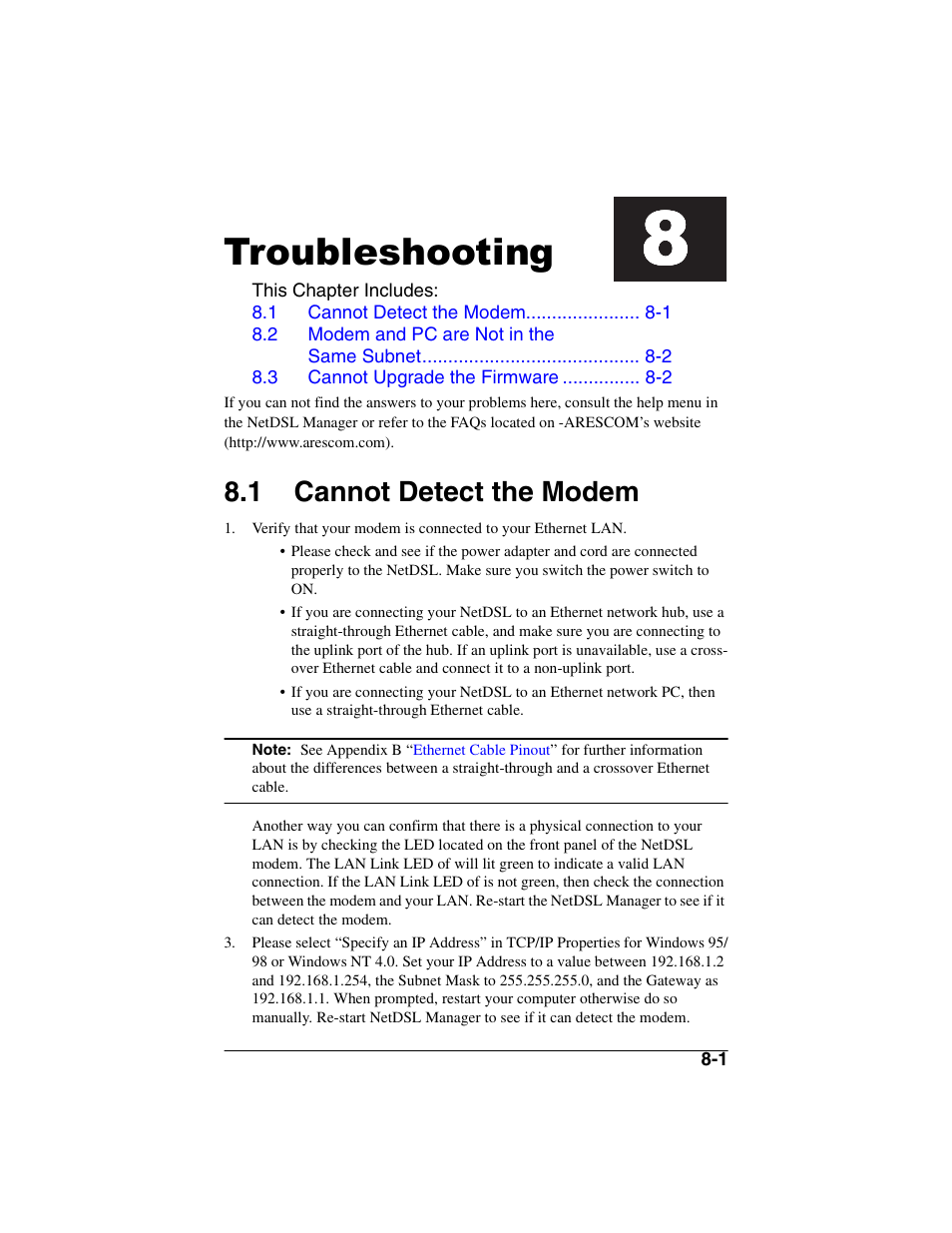Heading1 - troubleshooting, Heading2 - 8.1 cannot detect the modem, Troubleshooting | Cannot detect the modem -1, 1 cannot detect the modem | ADS Technologies NetDSL 800 ADSL Modem version 5.2b1 User Manual | Page 53 / 63