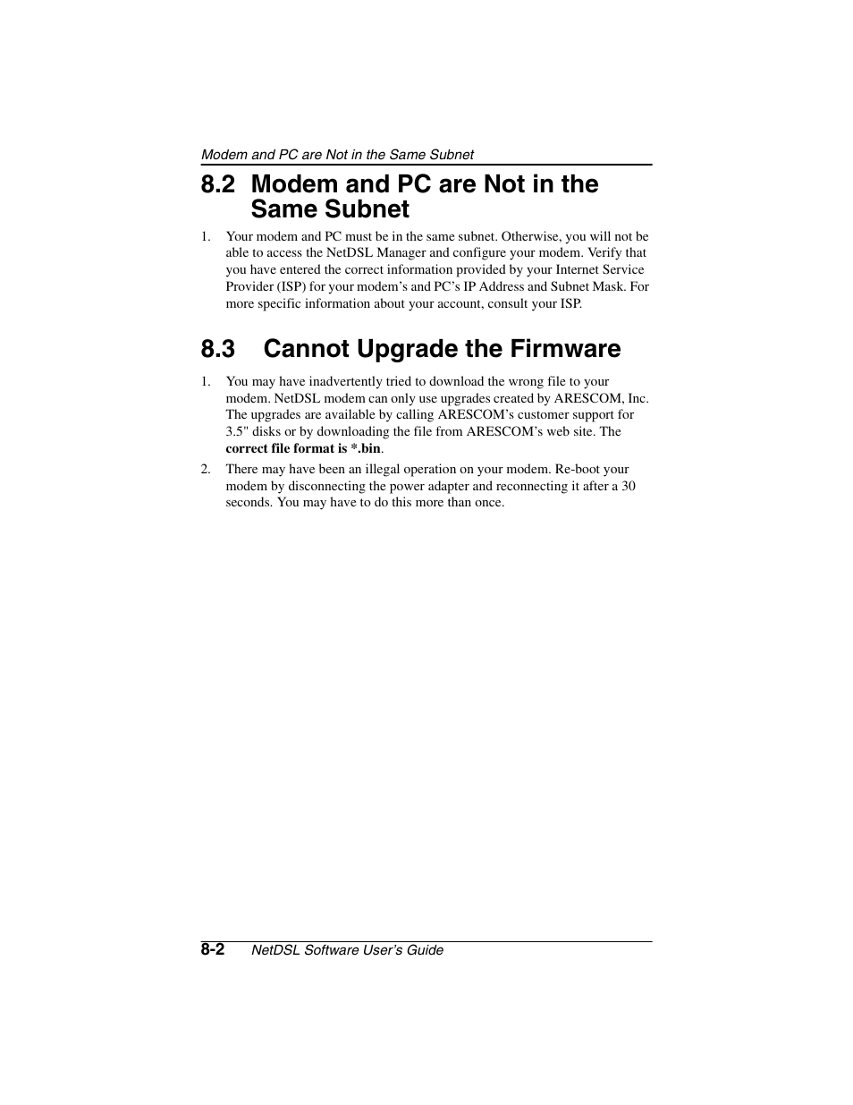 Heading2 - 8.3 cannot upgrade the firmware, Modem and pc are not in the same subnet -2, Cannot upgrade the firmware -2 | 2 modem and pc are not in the same subnet, 3 cannot upgrade the firmware | ADS Technologies NetDSL 800 ADSL Modem version 5.2b1 User Manual | Page 54 / 63