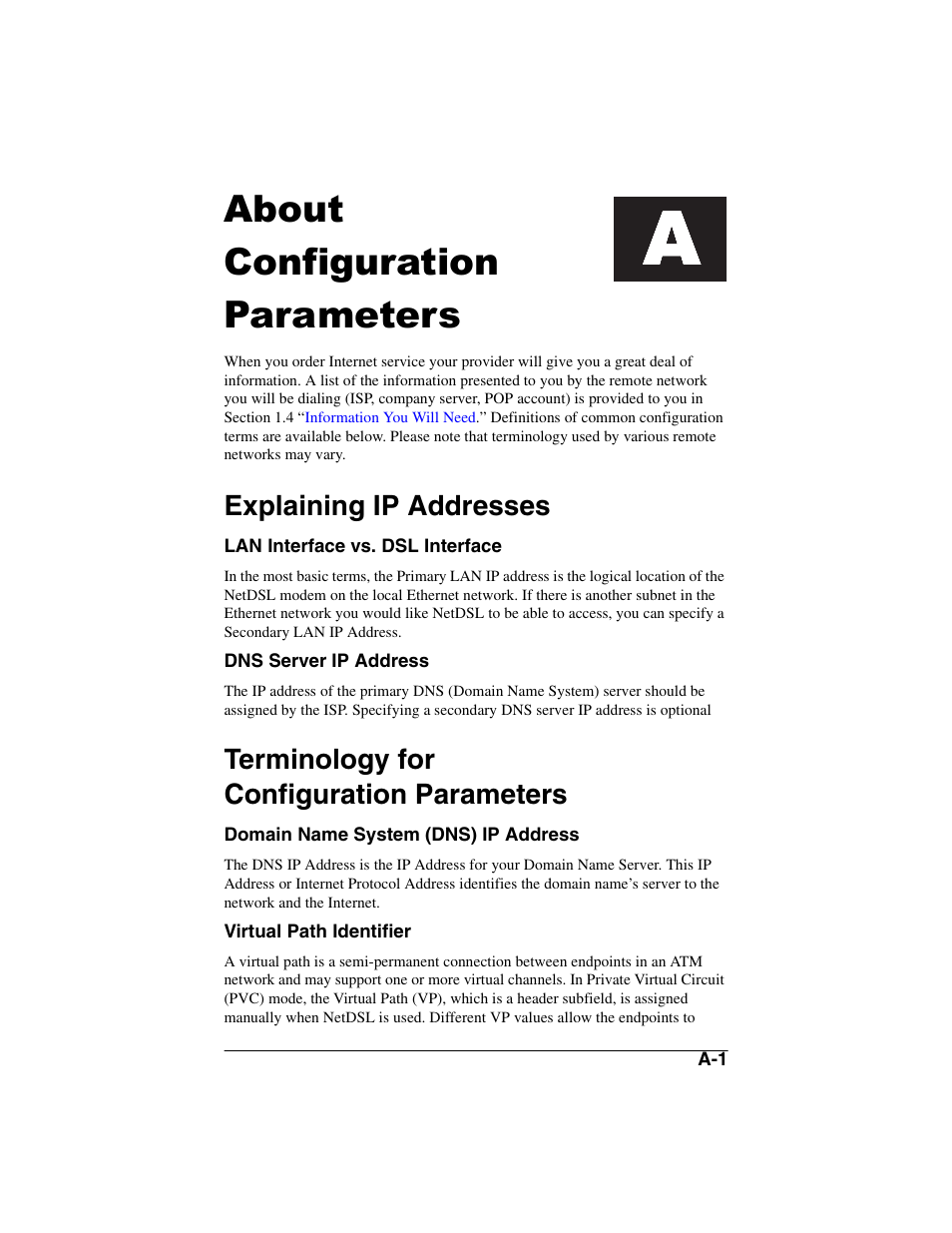 Heading1 - about, Heading1 - configuration, Heading1 - parameters | Heading2 - explaining ip addresses, Appendices, About configuration parameters | ADS Technologies NetDSL 800 ADSL Modem version 5.2b1 User Manual | Page 55 / 63