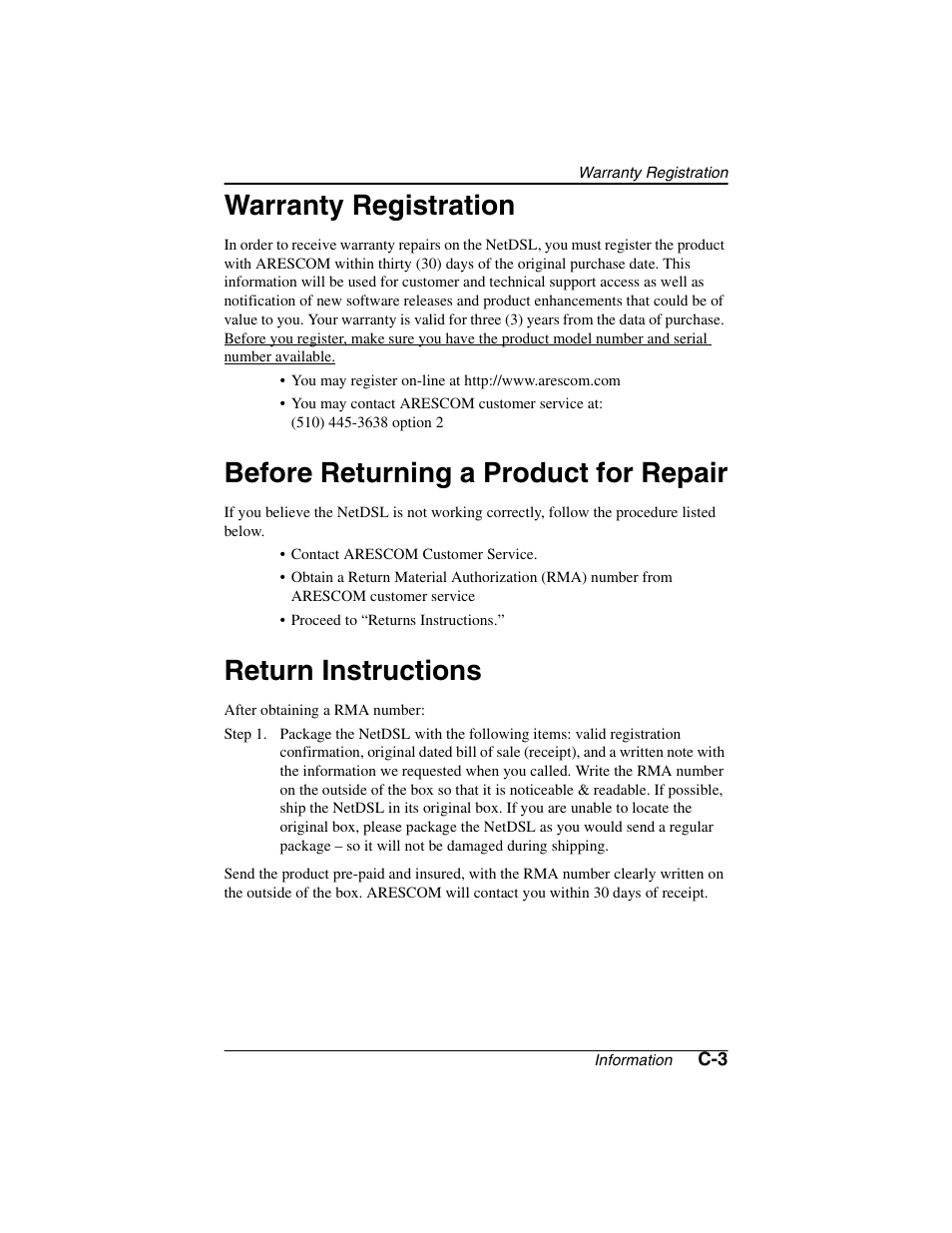 Heading2 - warranty registration, Heading2 - before returning a product for repair, Heading2 - return instructions | Warranty registration, Before returning a product for repair, Return instructions | ADS Technologies NetDSL 800 ADSL Modem version 5.2b1 User Manual | Page 61 / 63