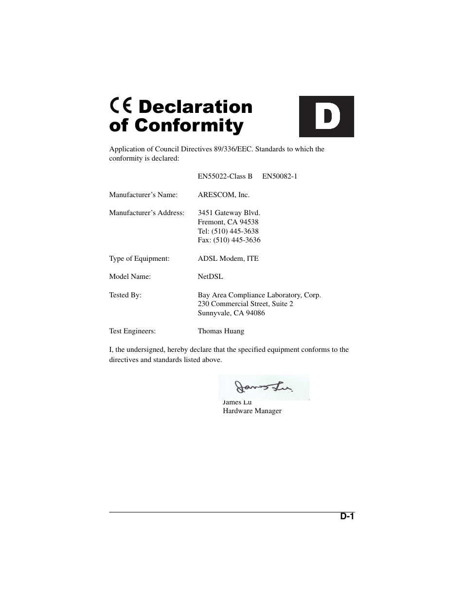 Heading1 - declaration of conformity, Heading2, Declaration of conformity | ADS Technologies NetDSL 800 ADSL Modem version 5.2b1 User Manual | Page 63 / 63