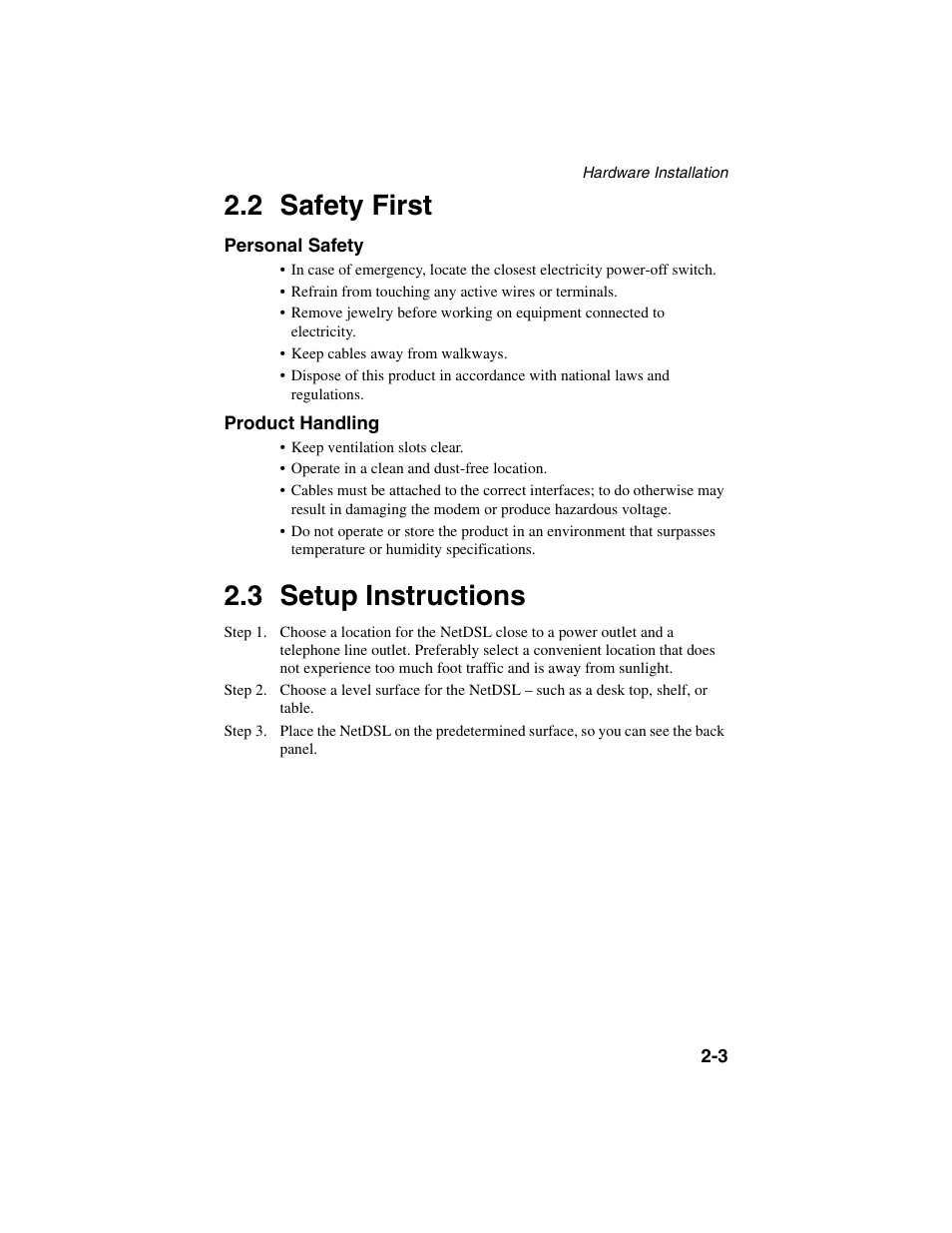 Heading2 - 2.2 safety first, Heading2 - 2.3 setup instructions, Safety first -3 | Setup instructions -3, 2 safety first, 3 setup instructions | ADS Technologies NetDSL 800 ADSL Modem version 5.2b1 User Manual | Page 9 / 63