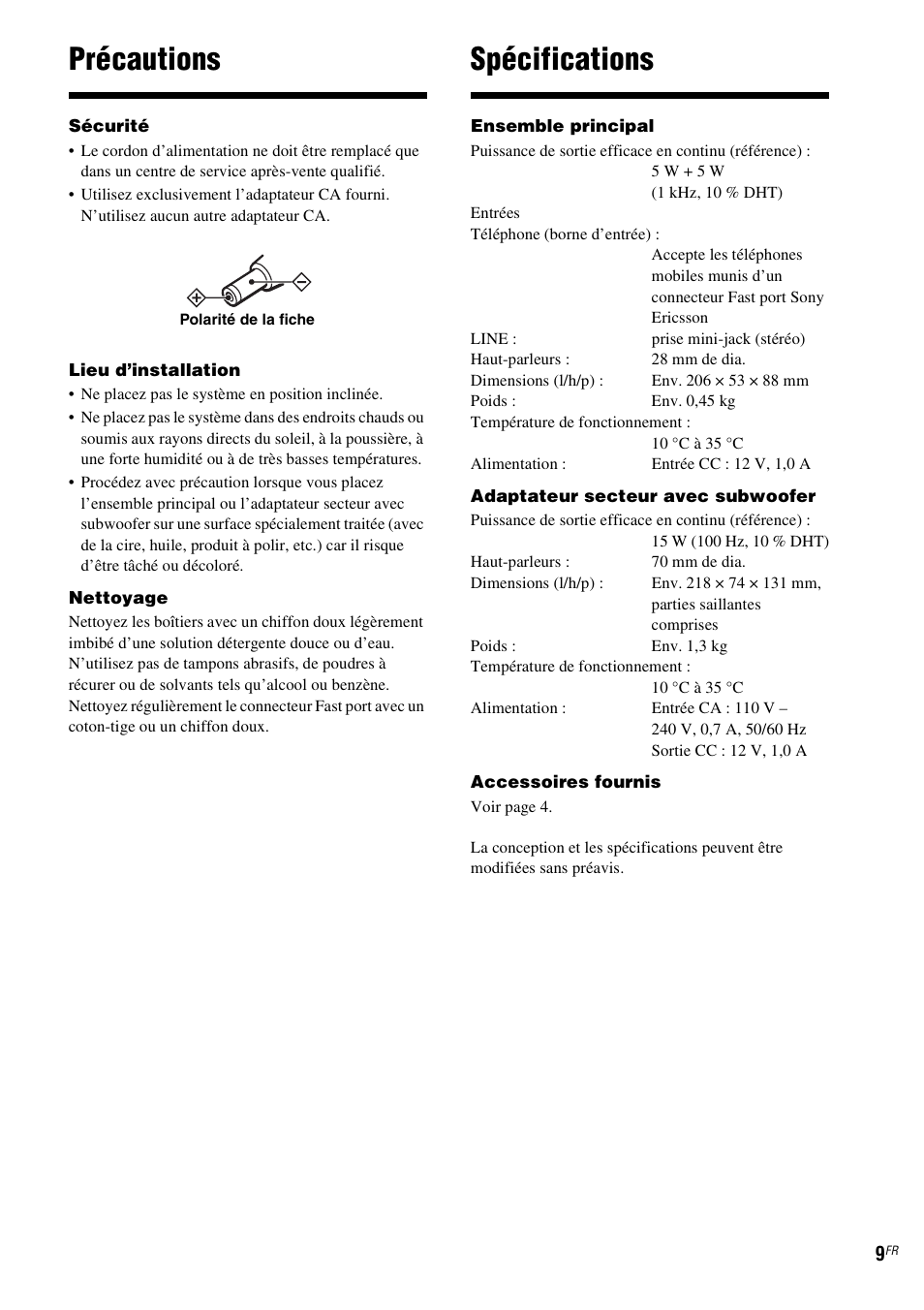 Précautions, Spécifications | Sony CPF-MP001 User Manual | Page 17 / 100