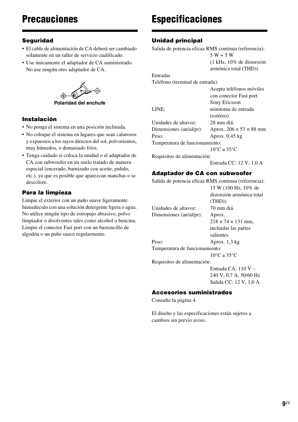 Precauciones, Especificaciones | Sony CPF-MP001 User Manual | Page 25 / 100