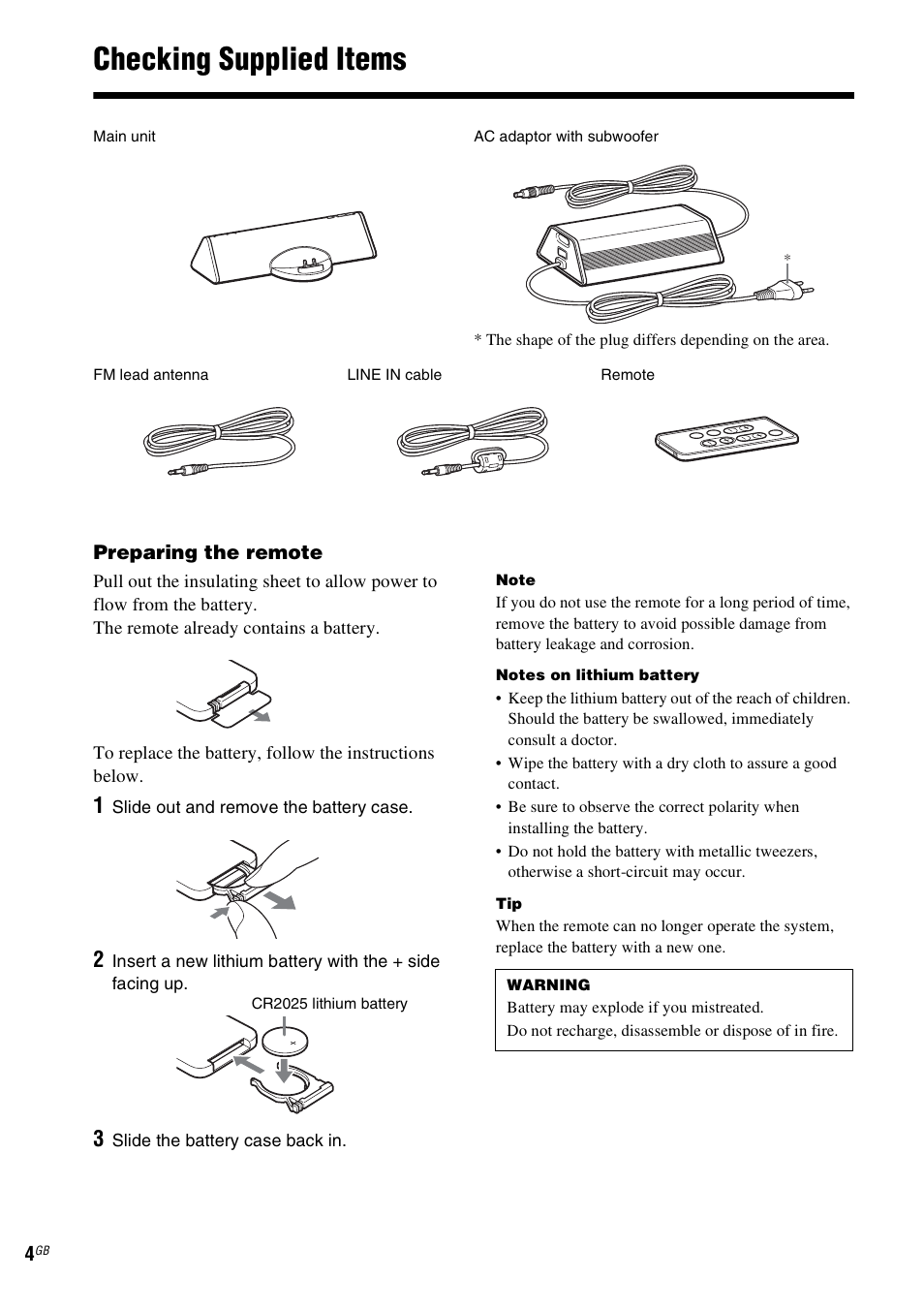 Checking supplied items | Sony CPF-MP001 User Manual | Page 4 / 100