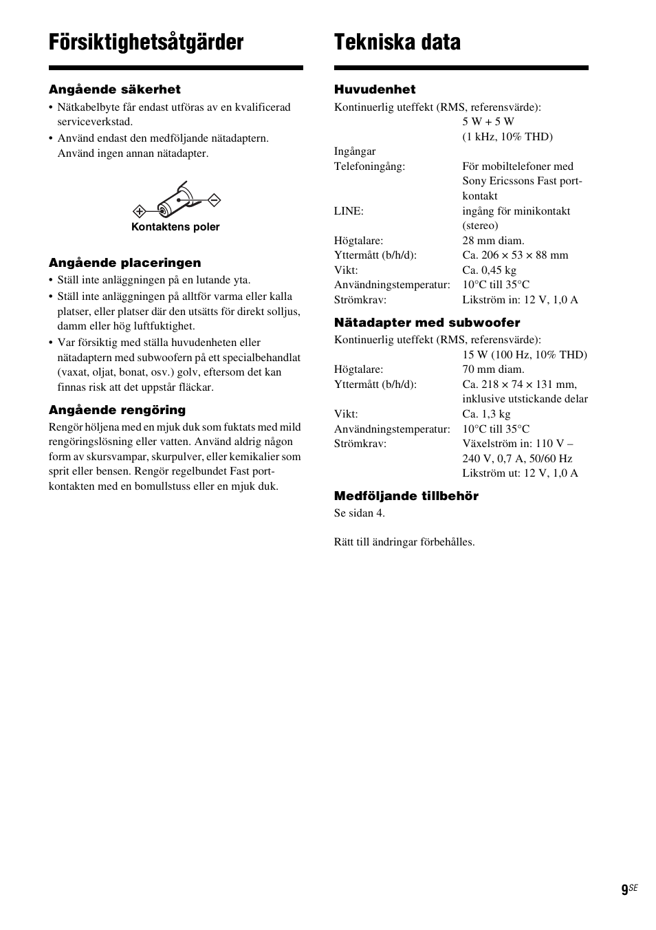 Försiktighetsåtgärder, Tekniska data | Sony CPF-MP001 User Manual | Page 57 / 100