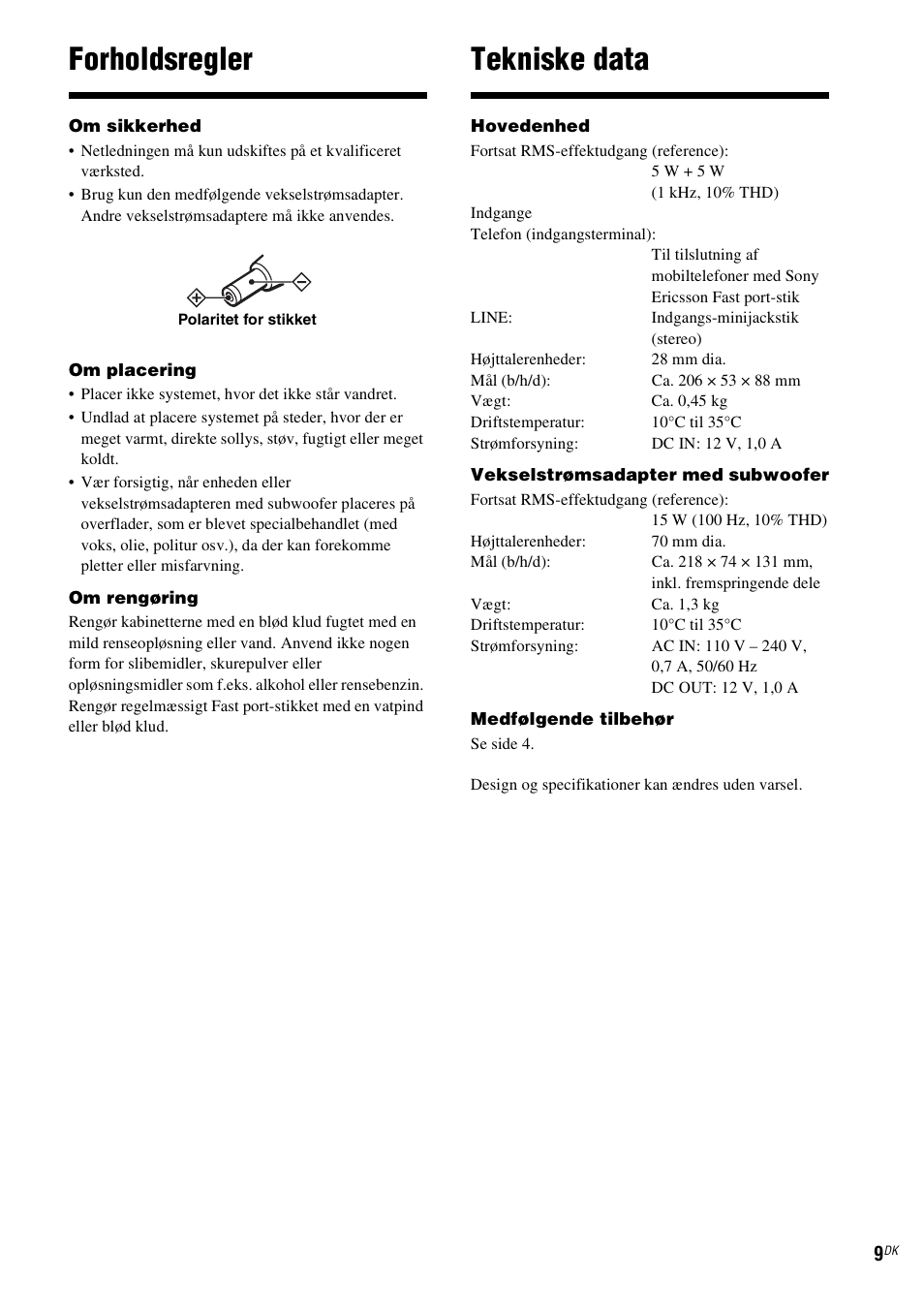 Forholdsregler, Tekniske data | Sony CPF-MP001 User Manual | Page 73 / 100