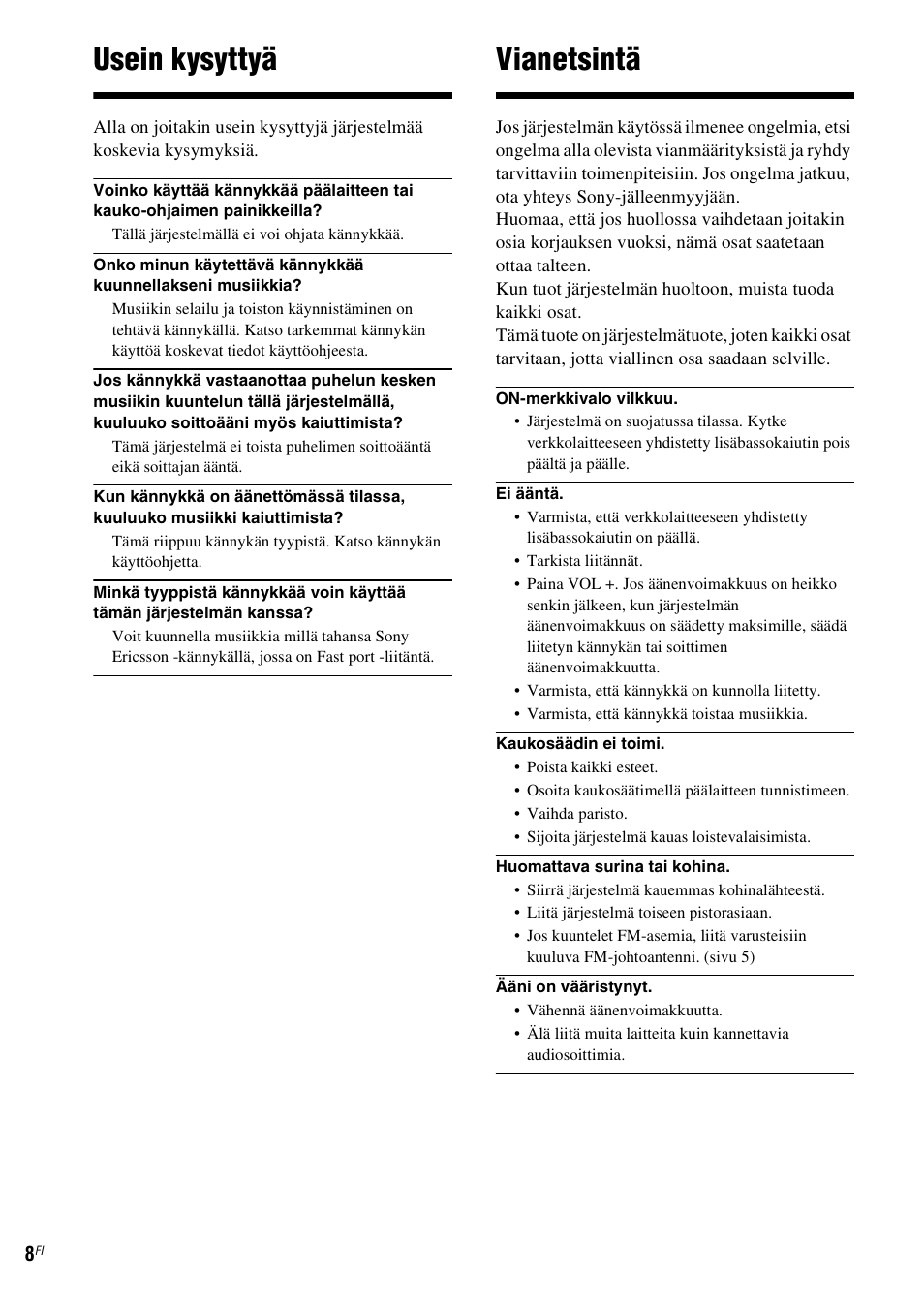 Usein kysyttyä, Vianetsintä | Sony CPF-MP001 User Manual | Page 80 / 100