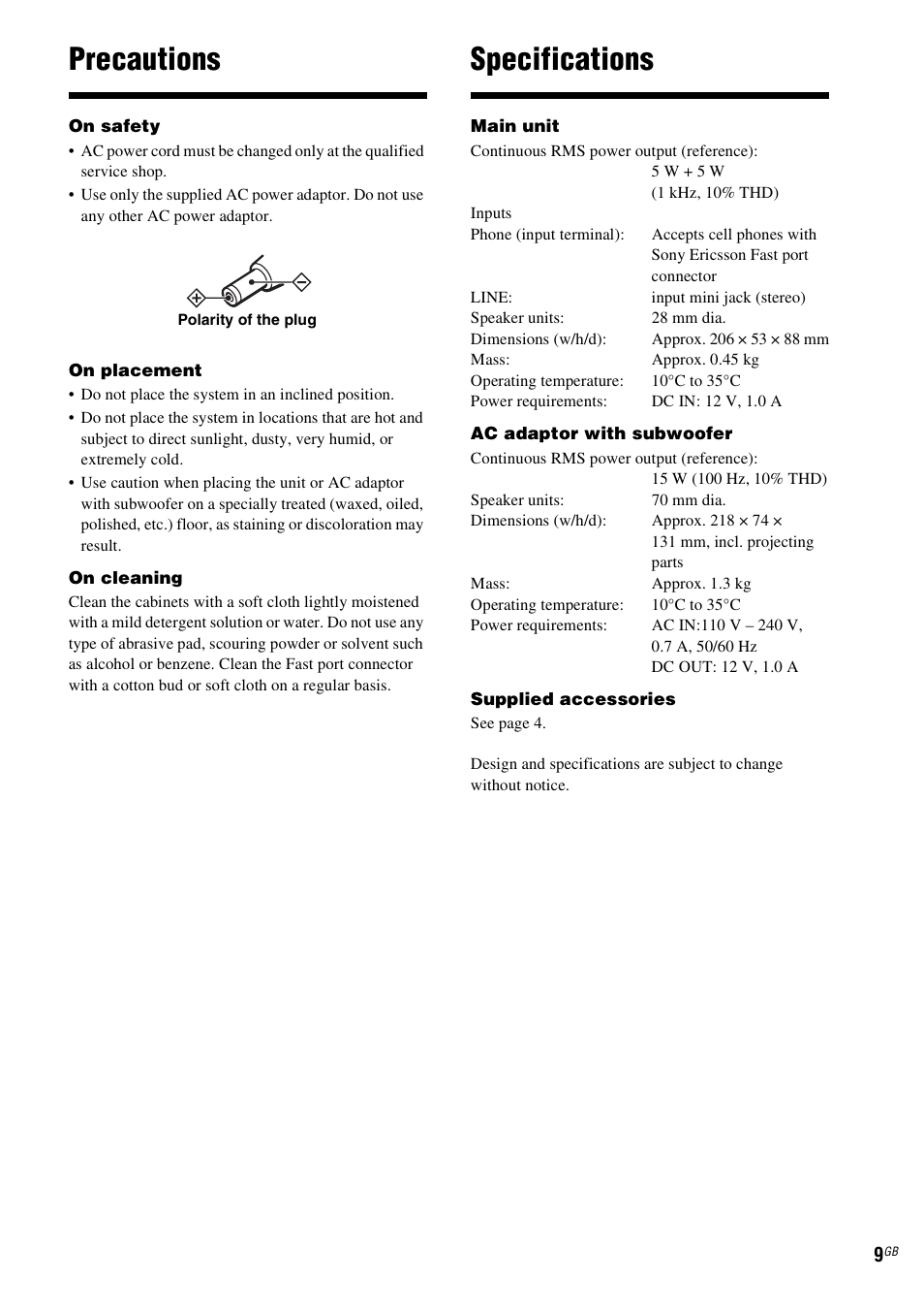 Precautions, Specifications | Sony CPF-MP001 User Manual | Page 9 / 100