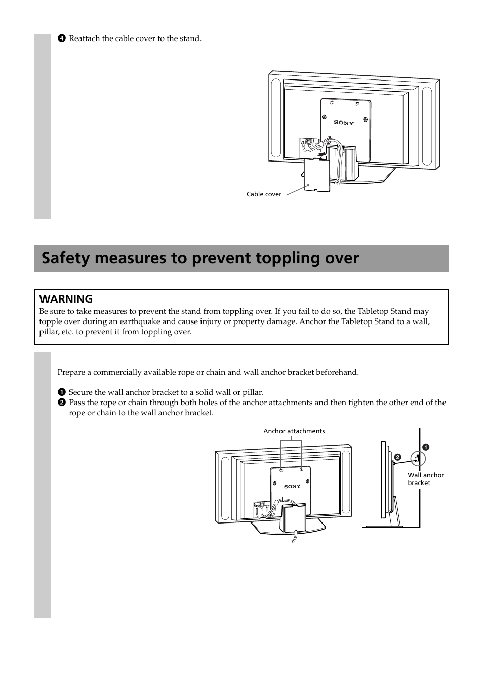 Safety measures to prevent toppling over, Warning | Sony SU-P50T2 User Manual | Page 10 / 132