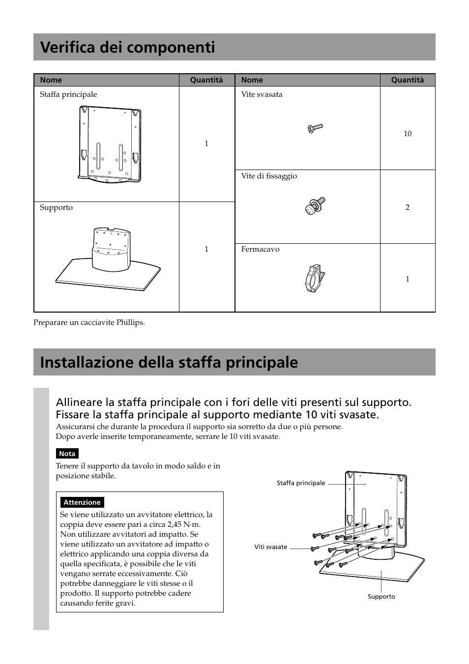 Verifica dei componenti, Installazione della staffa principale | Sony SU-P50T2 User Manual | Page 106 / 132