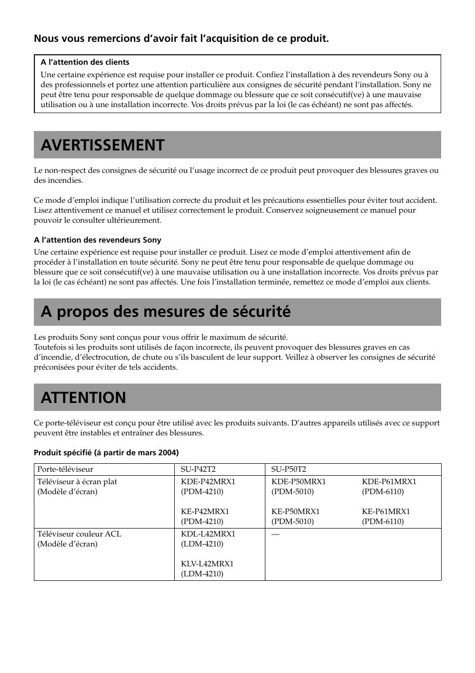 Français(fr), Avertissement, A propos des mesures de sécurité | Attention | Sony SU-P50T2 User Manual | Page 12 / 132
