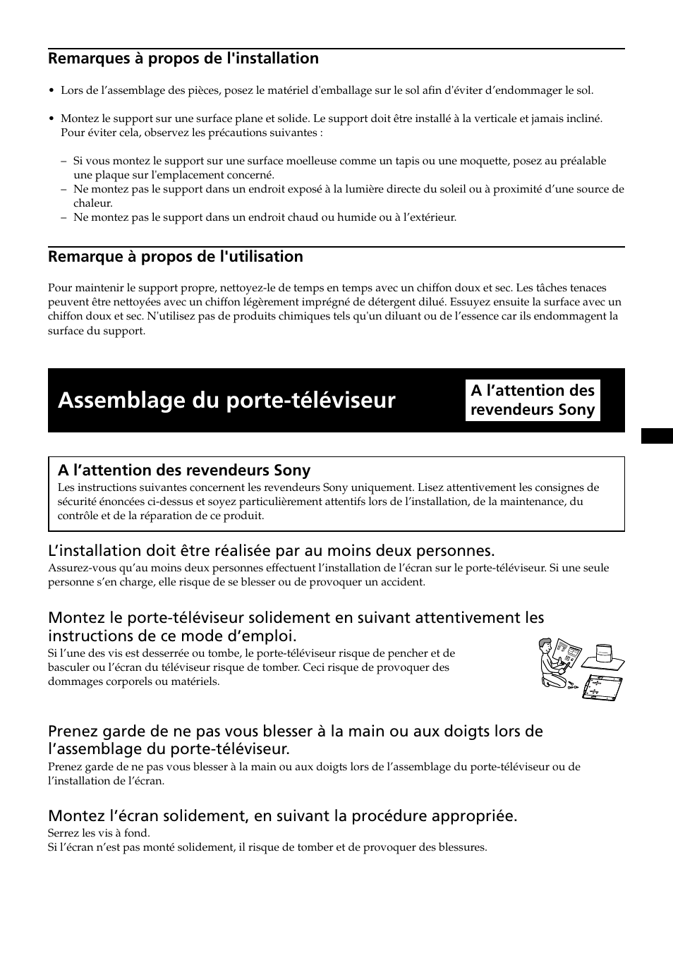 Assemblage du porte-téléviseur, Remarques à propos de l'installation, Remarque à propos de l'utilisation | A l’attention des revendeurs sony | Sony SU-P50T2 User Manual | Page 15 / 132