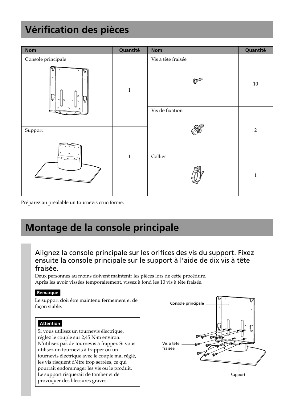 Vérification des pièces, Montage de la console principale | Sony SU-P50T2 User Manual | Page 16 / 132