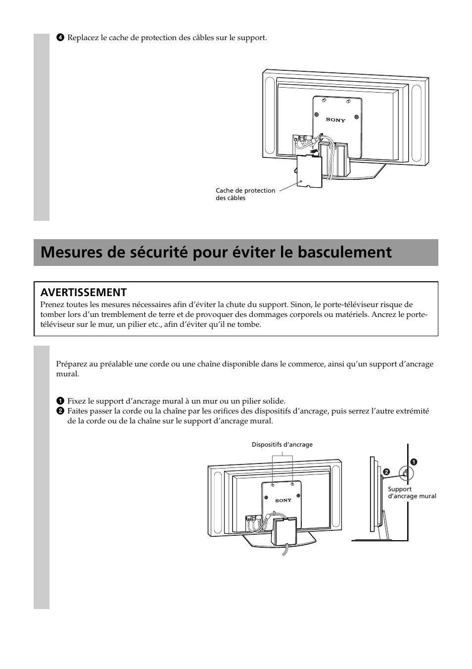 Mesures de sécurité pour éviter le basculement, Avertissement | Sony SU-P50T2 User Manual | Page 20 / 132