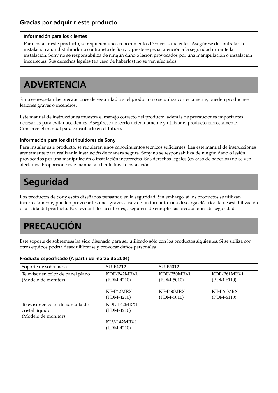 Español(es), Advertencia, Seguridad | Precaución | Sony SU-P50T2 User Manual | Page 22 / 132