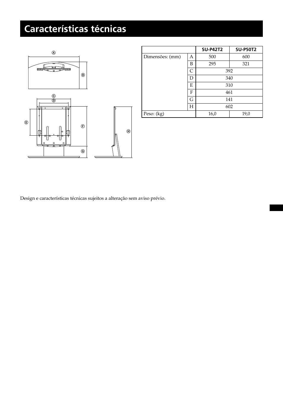 Características técnicas | Sony SU-P50T2 User Manual | Page 41 / 132