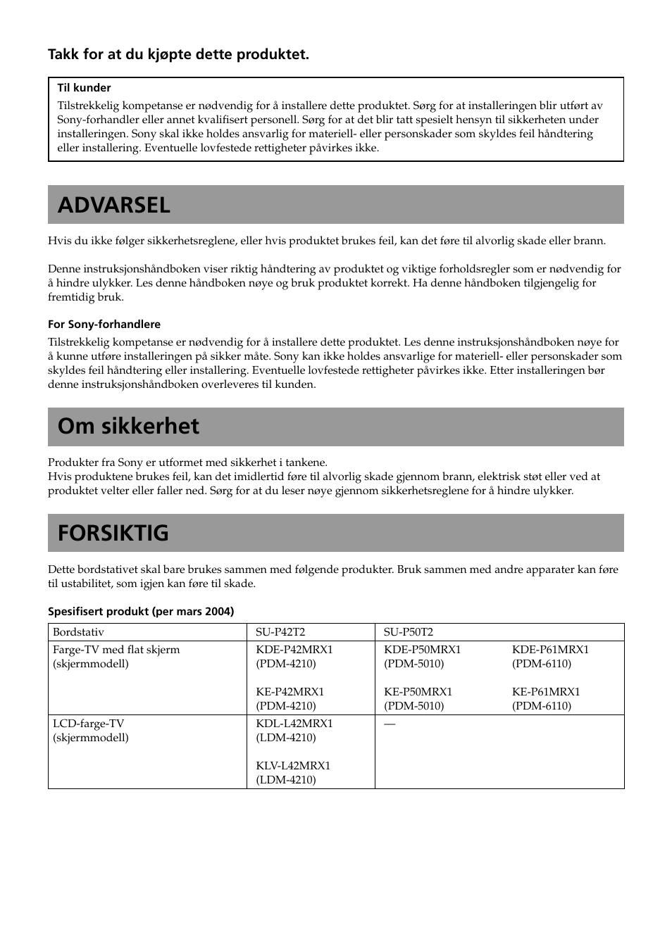 Norsk(no), Advarsel, Om sikkerhet | Forsiktig | Sony SU-P50T2 User Manual | Page 52 / 132