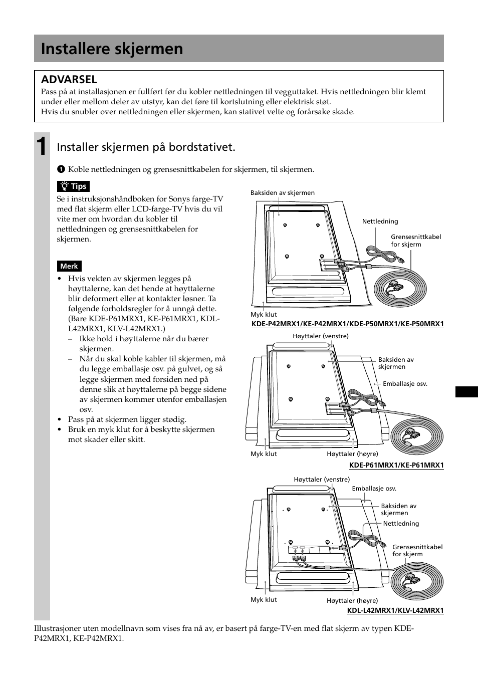 Installere skjermen, Advarsel, Installer skjermen på bordstativet | Sony SU-P50T2 User Manual | Page 57 / 132