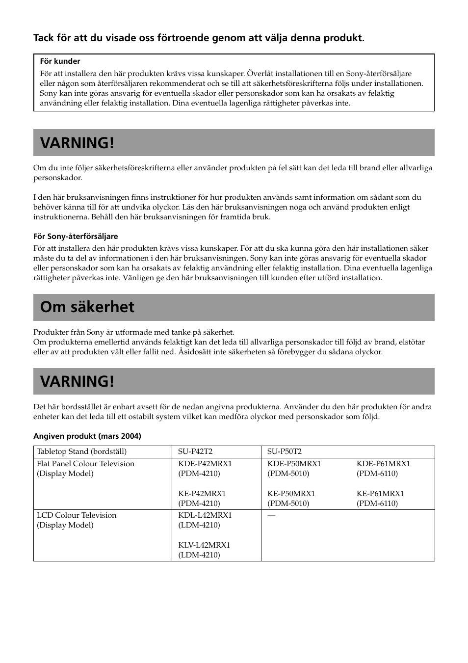Svenska(se), Varning, Om säkerhet | Sony SU-P50T2 User Manual | Page 62 / 132