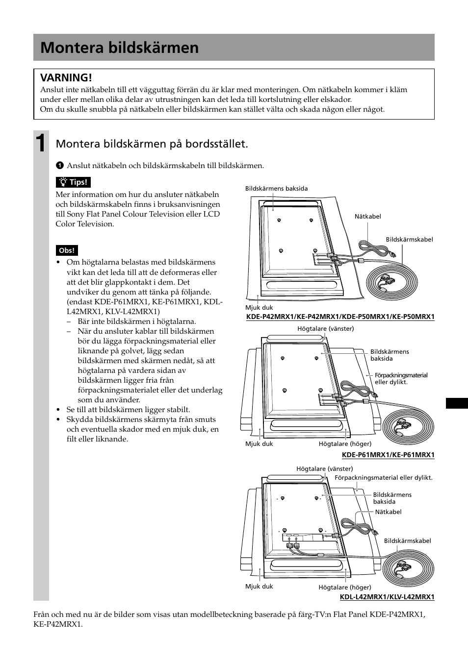 Montera bildskärmen, Varning, Montera bildskärmen på bordsstället | Sony SU-P50T2 User Manual | Page 67 / 132