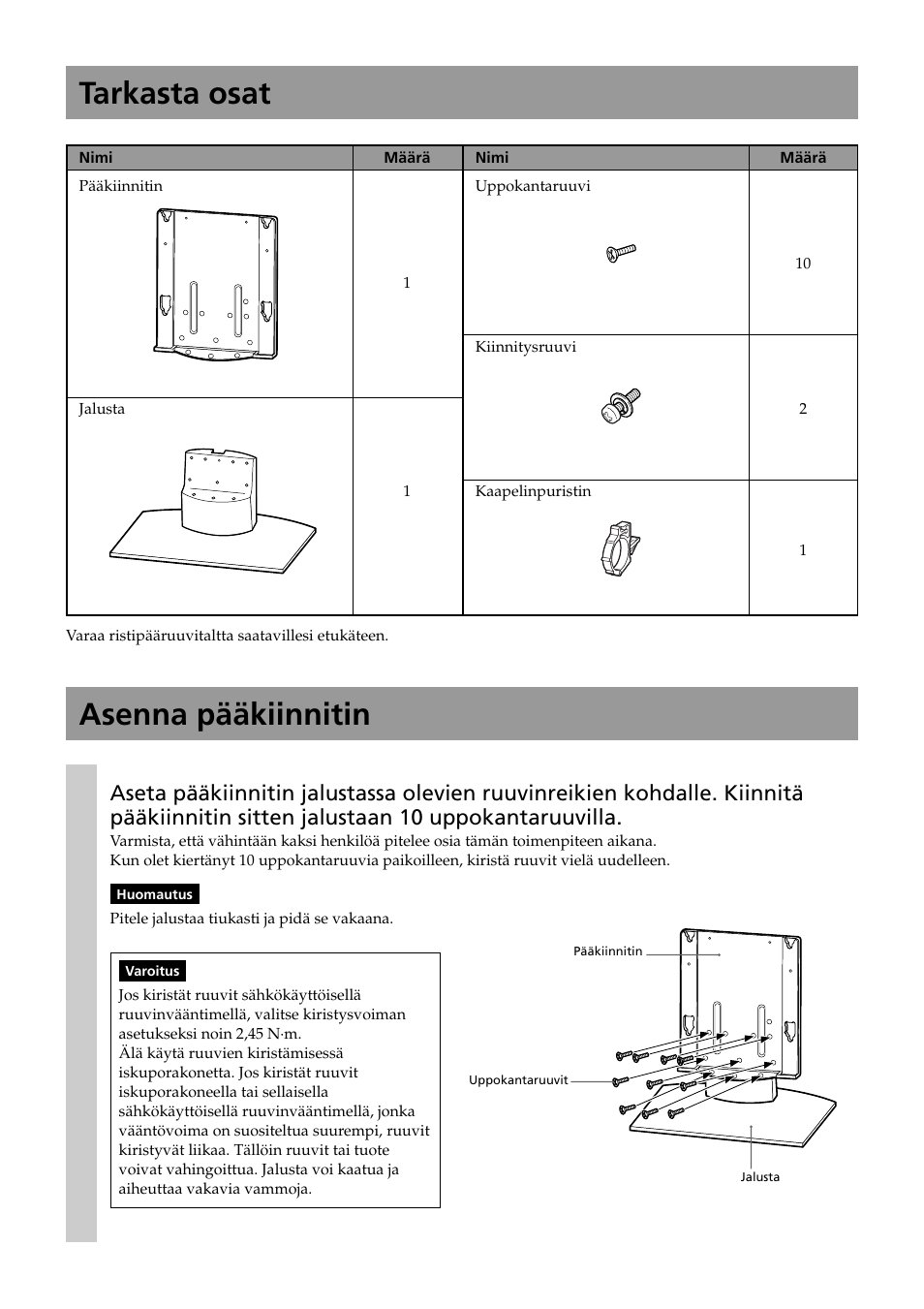 Tarkasta osat, Asenna pääkiinnitin | Sony SU-P50T2 User Manual | Page 76 / 132