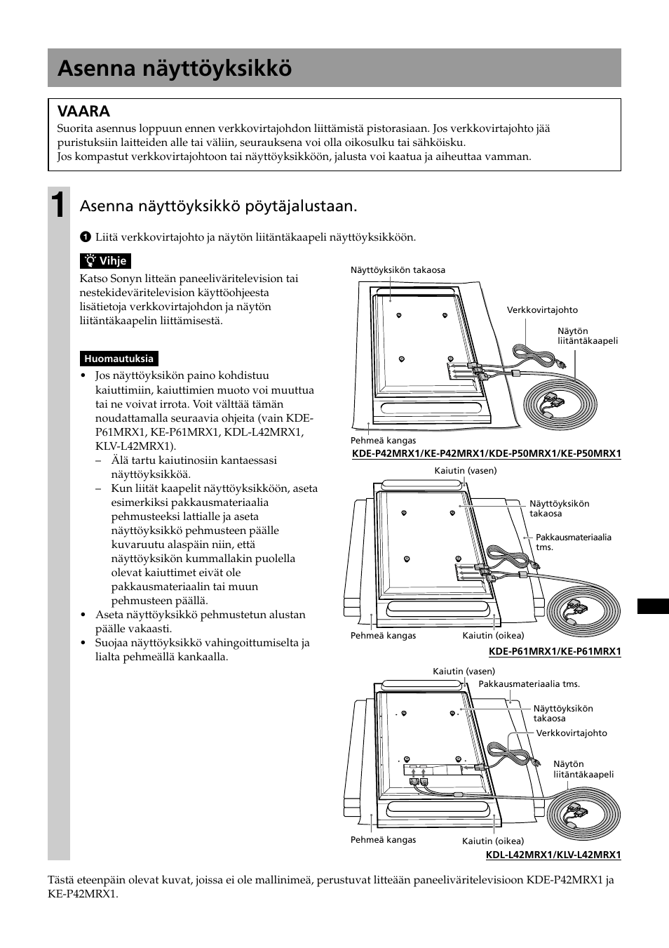 Asenna näyttöyksikkö, Vaara, Asenna näyttöyksikkö pöytäjalustaan | Sony SU-P50T2 User Manual | Page 77 / 132
