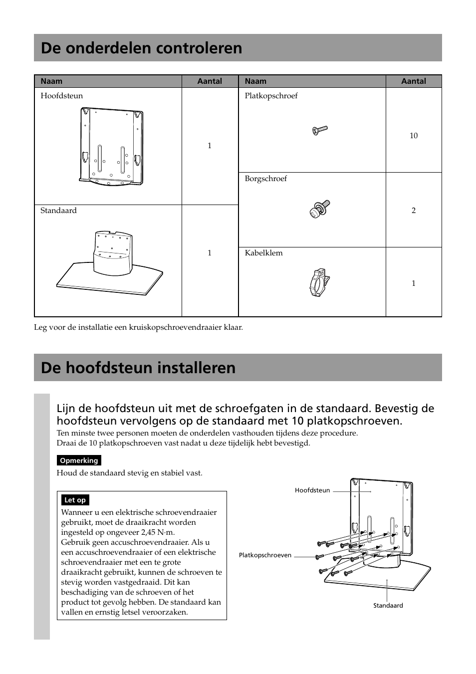 De onderdelen controleren, De hoofdsteun installeren | Sony SU-P50T2 User Manual | Page 86 / 132