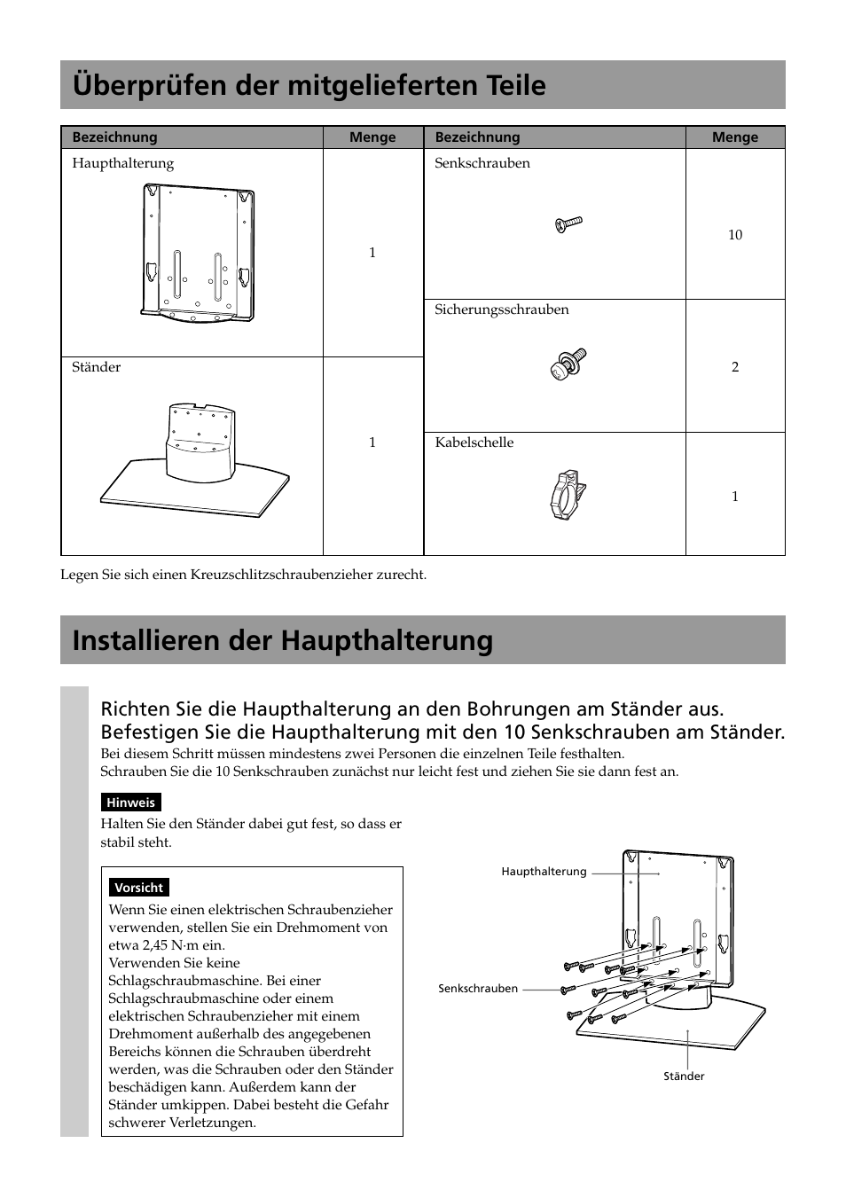 Überprüfen der mitgelieferten teile, Installieren der haupthalterung | Sony SU-P50T2 User Manual | Page 96 / 132