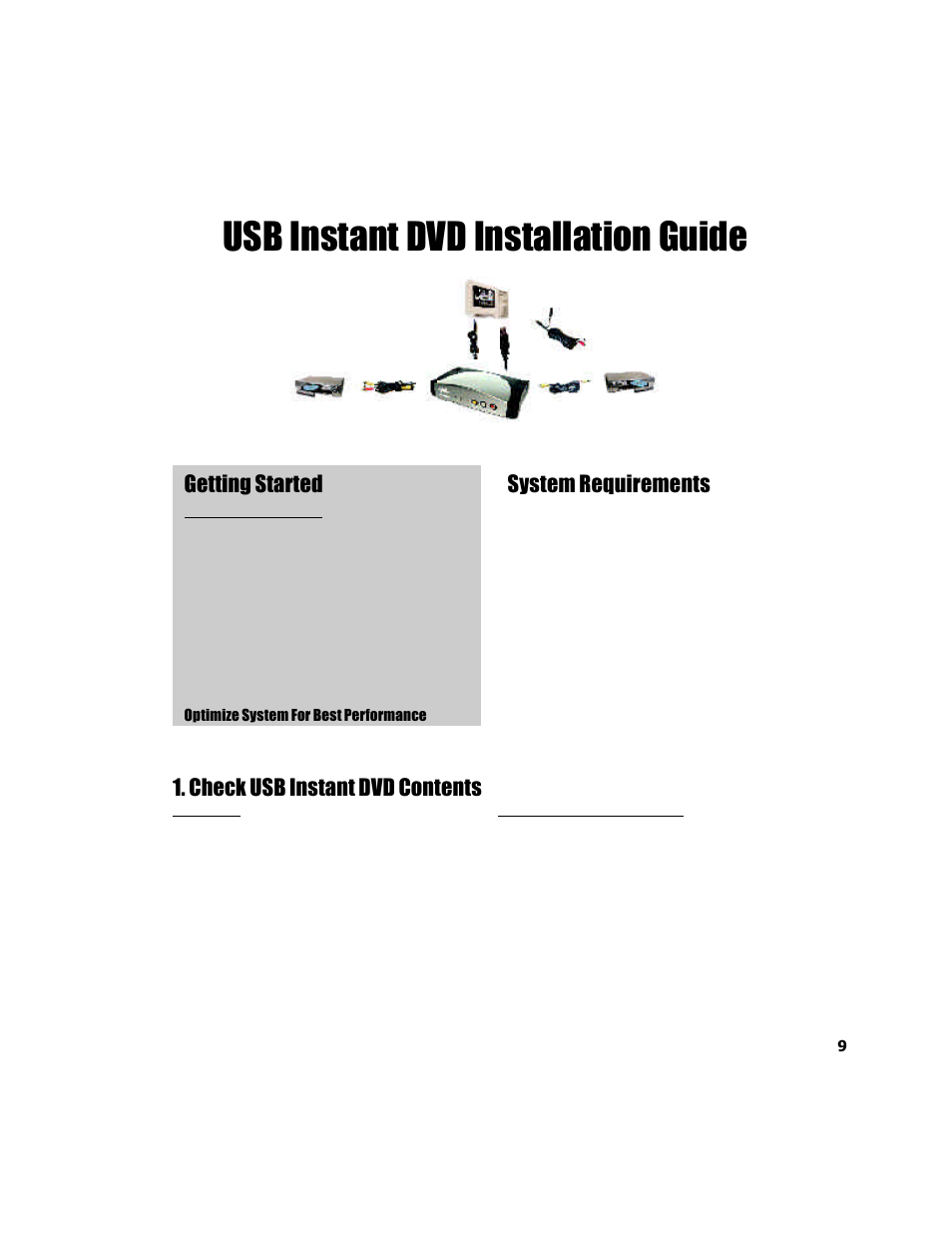Usb instant dvd installation guide, Getting started 1. check usb instant dvd contents, System requirements | ADS Technologies USB Instant DVD User Manual | Page 11 / 94