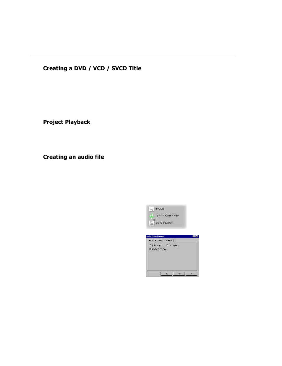 Creating an audio file, Project playback, Creating a dvd / vcd / svcd title | ADS Technologies USB Instant DVD User Manual | Page 82 / 94