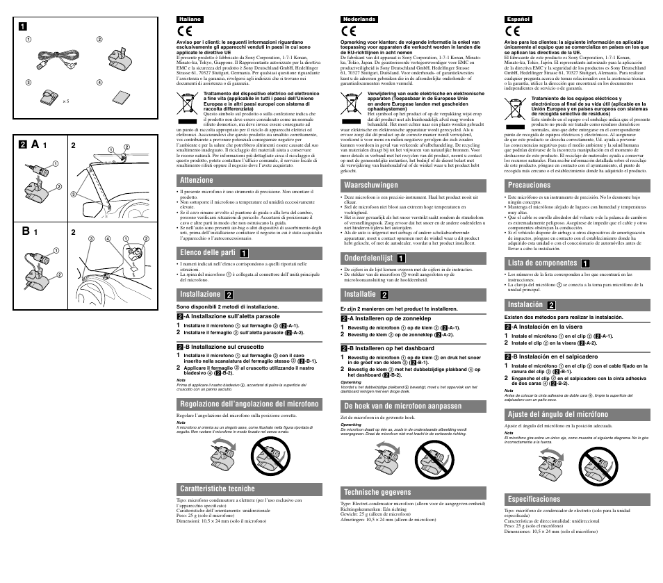 Attenzione, Elenco delle parti, Installazione | Regolazione dell’angolazione del microfono, Caratteristiche tecniche, Waarschuwingen, Onderdelenlijst, Installatie, De hoek van de microfoon aanpassen, Technische gegevens | Sony XA-MC10 User Manual | Page 2 / 2