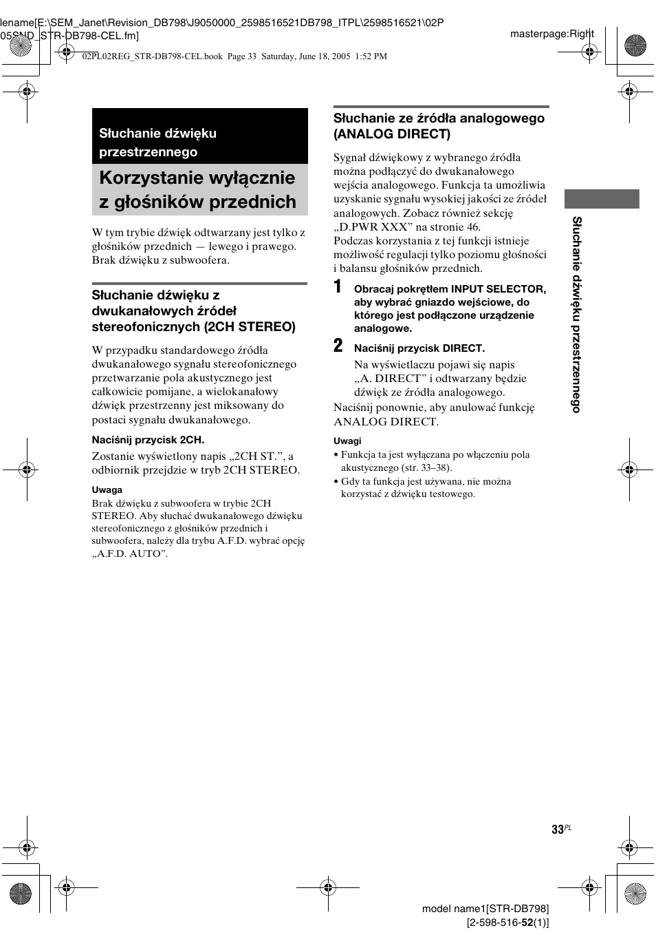 Słuchanie dźwięku przestrzennego, Korzystanie wyłącznie z głośników przednich, Korzystanie wyłącznie z głośników | Przednich | Sony STR-DB798 User Manual | Page 101 / 144