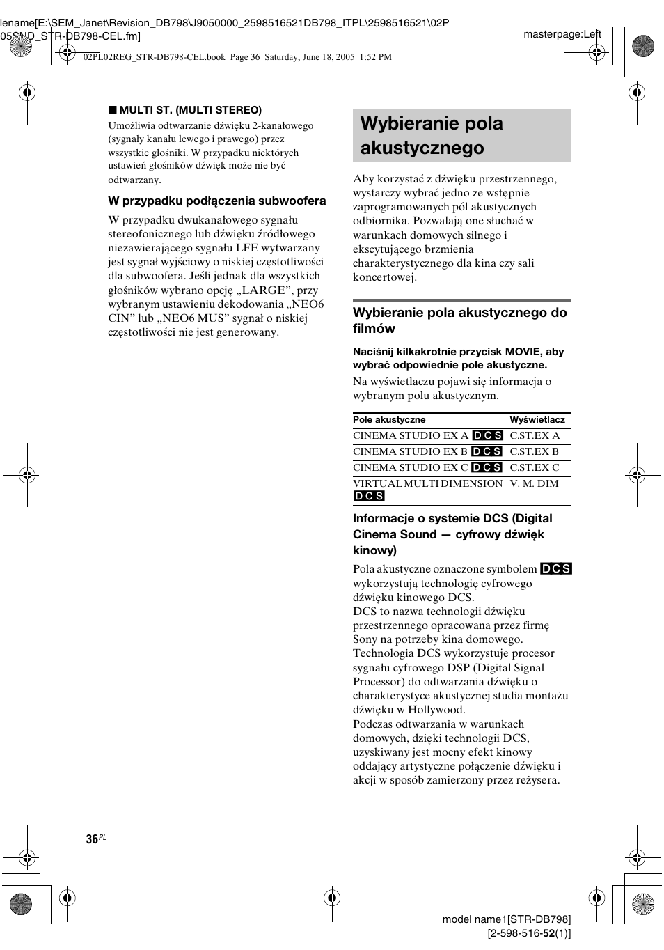 Wybieranie pola akustycznego, Wybieranie pola akustycznego do filmów | Sony STR-DB798 User Manual | Page 104 / 144