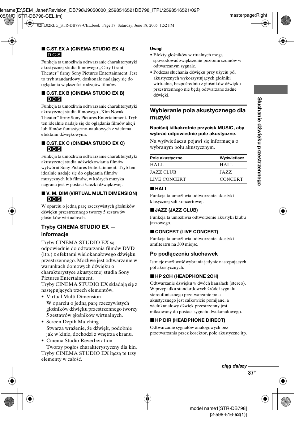 Wybieranie pola akustycznego dla muzyki | Sony STR-DB798 User Manual | Page 105 / 144