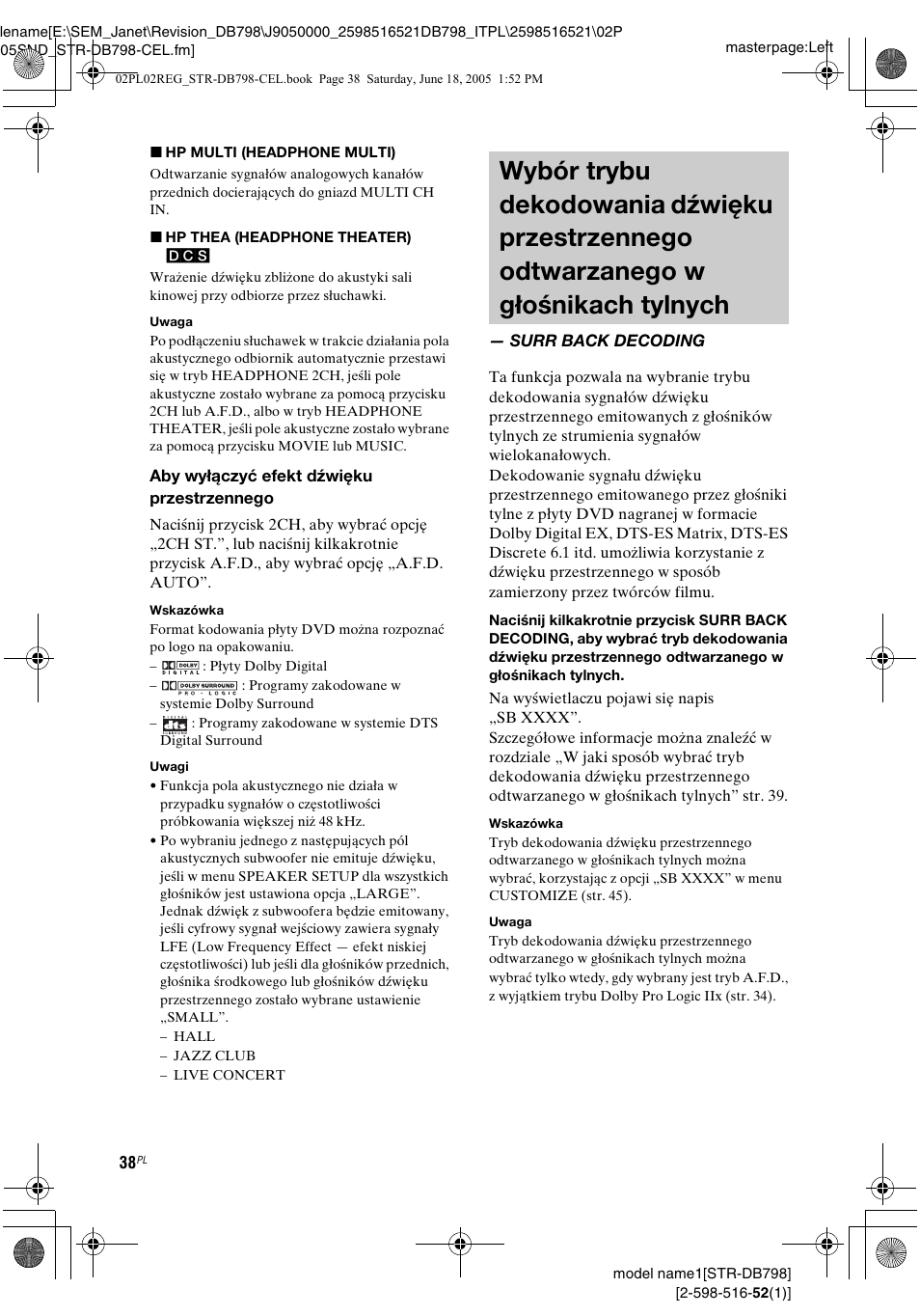 Surr back decoding, Wybór trybu dekodowania dźwięku | Sony STR-DB798 User Manual | Page 106 / 144
