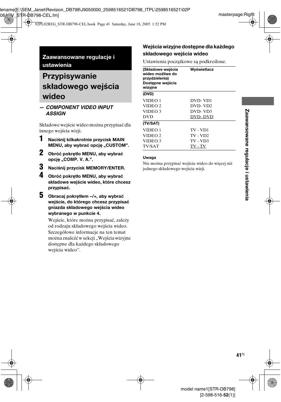 Zaawansowane regulacje i ustawienia, Przypisywanie składowego wejścia wideo, Component video input assign | Przypisywanie składowego, Wejścia wideo — component video input assign | Sony STR-DB798 User Manual | Page 109 / 144
