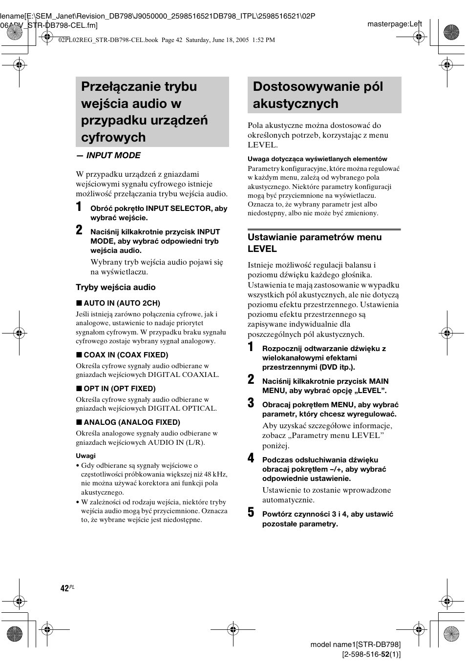 Input mode, Dostosowywanie pól akustycznych, Przełączanie trybu wejścia audio | W przypadku urządzeń cyfrowych — input mode | Sony STR-DB798 User Manual | Page 110 / 144