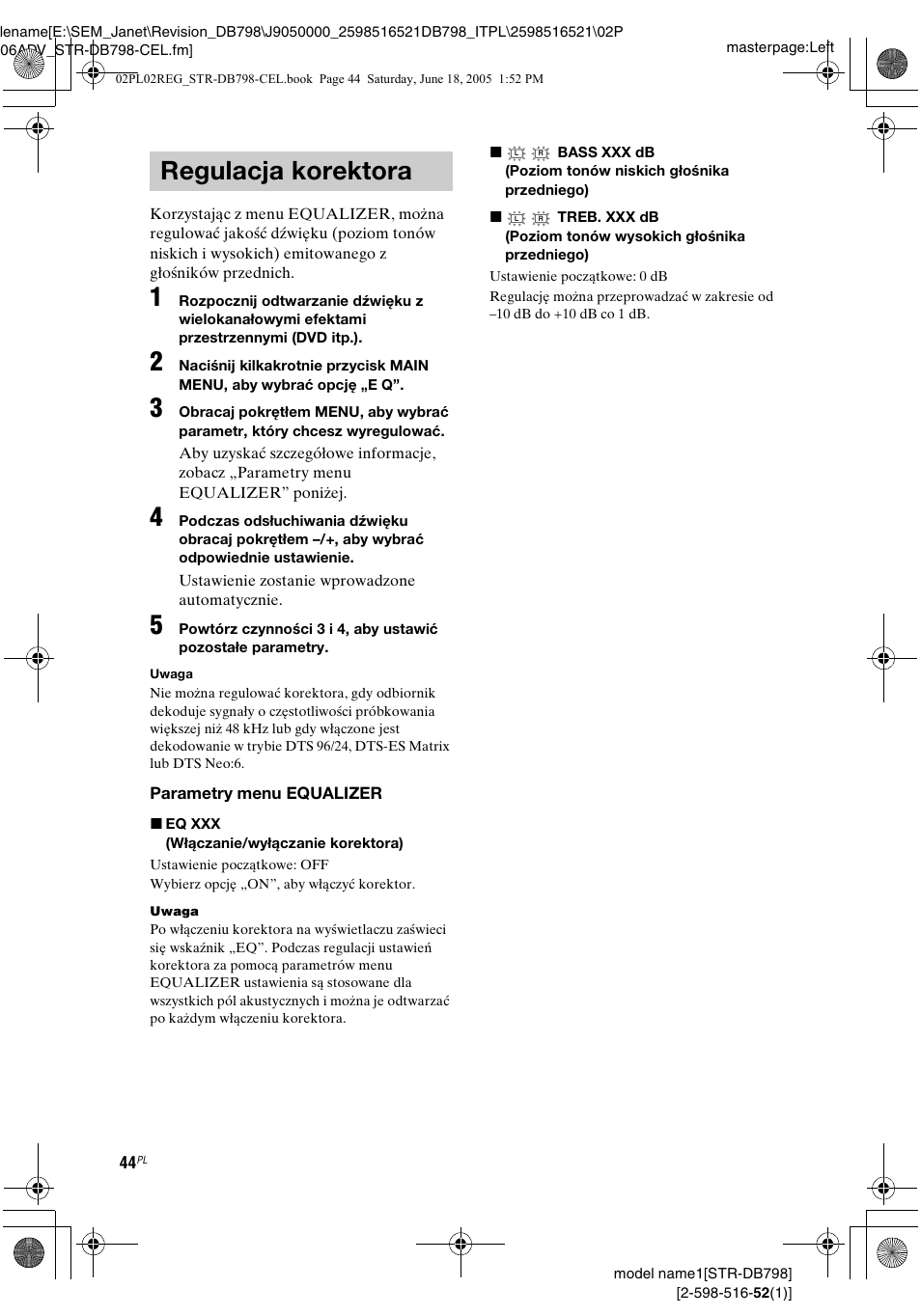 Regulacja korektora | Sony STR-DB798 User Manual | Page 112 / 144