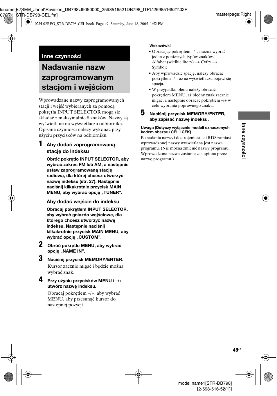 Inne czynności, Nadawanie nazw zaprogramowanym stacjom i wejściom, Nadawanie nazw zaprogramowanym | Stacjom i wejściom | Sony STR-DB798 User Manual | Page 117 / 144
