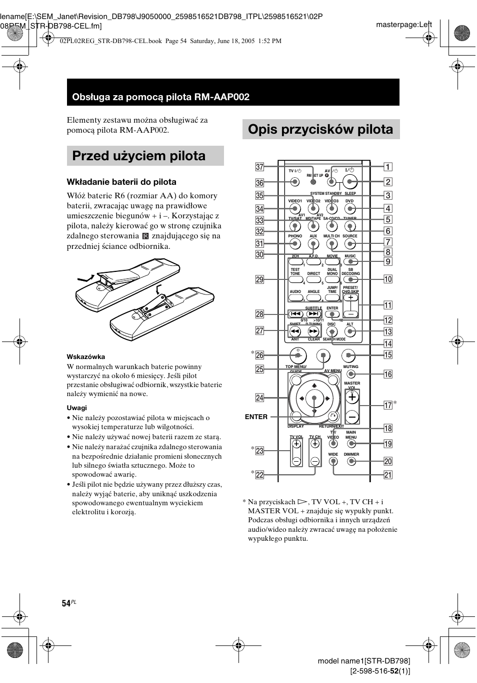 Obsługa za pomocą pilota rm-aap002, Przed użyciem pilota, Opis przycisków pilota | Przed użyciem pilota opis przycisków pilota, Wkładanie baterii do pilota | Sony STR-DB798 User Manual | Page 122 / 144