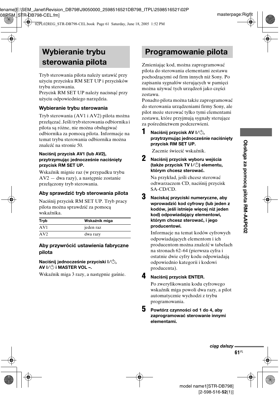 Wybieranie trybu sterowania pilota, Programowanie pilota, Wybieranie trybu sterowania | Pilota | Sony STR-DB798 User Manual | Page 129 / 144