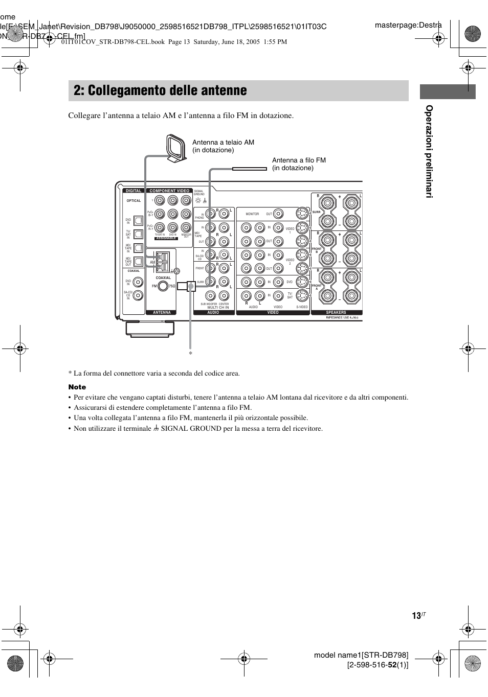 Collegamento delle antenne, Op era z io ni pre limi n ari | Sony STR-DB798 User Manual | Page 13 / 144