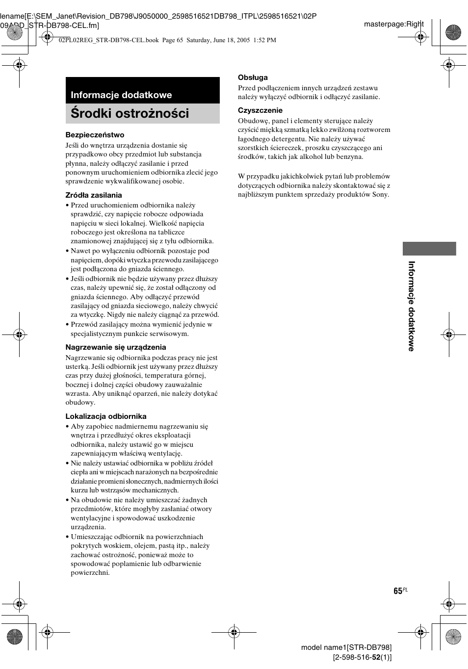 Informacje dodatkowe, Środki ostrożności | Sony STR-DB798 User Manual | Page 133 / 144