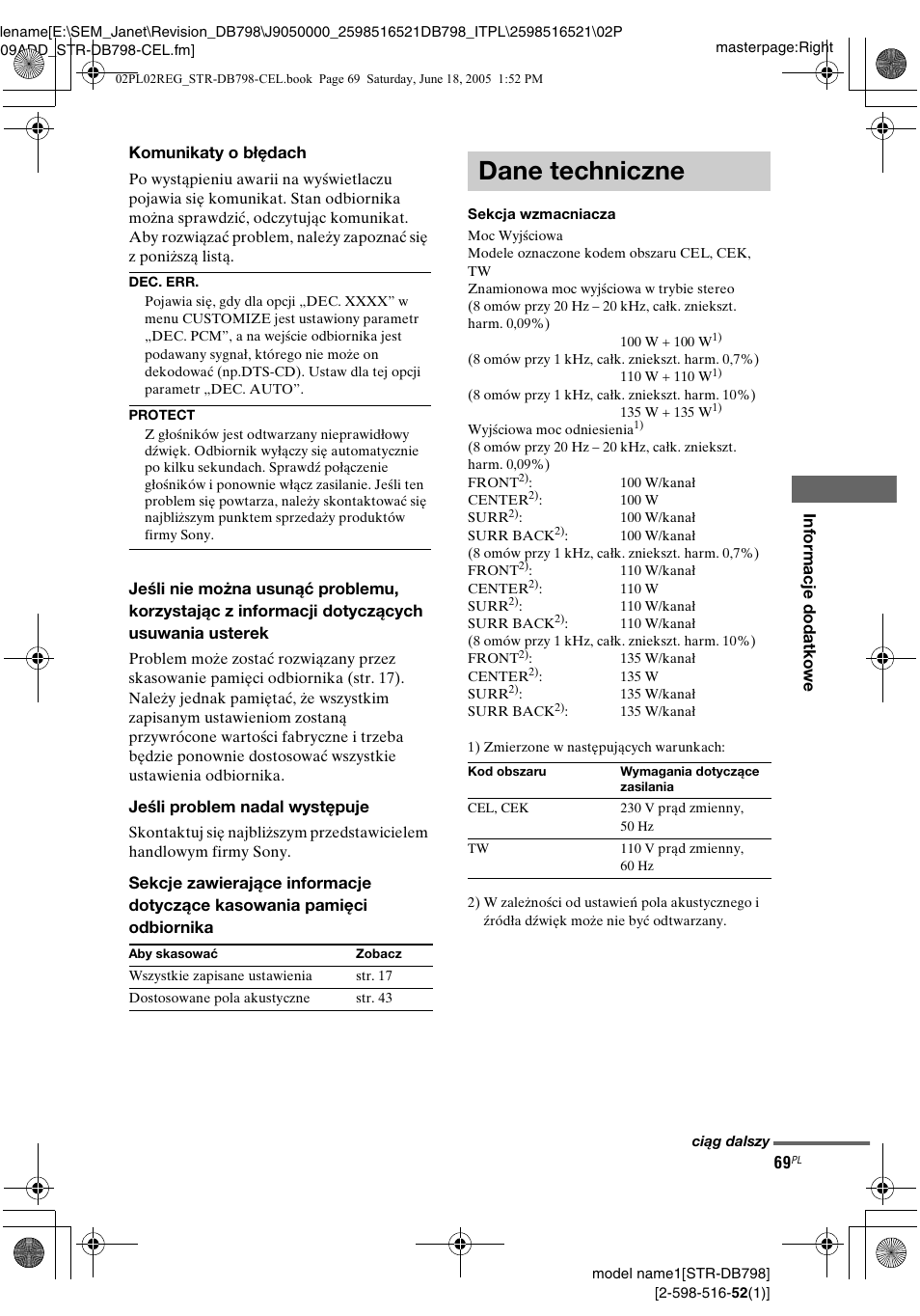 Dane techniczne | Sony STR-DB798 User Manual | Page 137 / 144